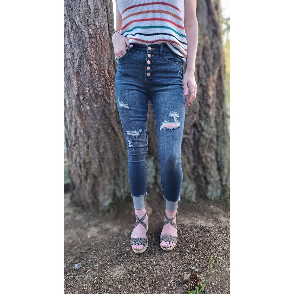 Judy Blue Mid-Dark Indigo Distressed High-Rise Skinny Jeans